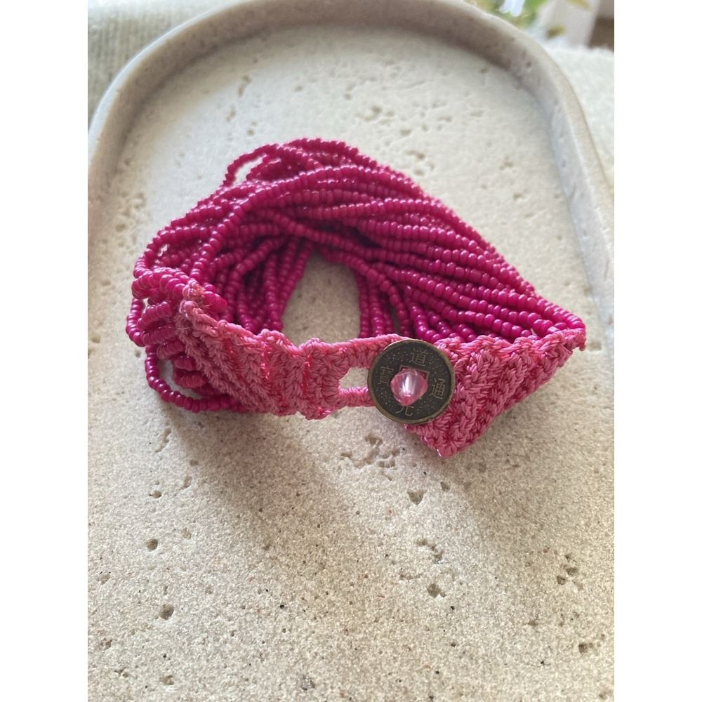 Hot Pink Seed Bead Bracelet Boho Woven Multi Strand Macrame‎ Layering Stackable